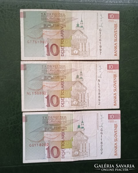 10 szlovén tolár bankjegy 3 db – 1992 bevont forgalmi pénz forgalmi bankjegy