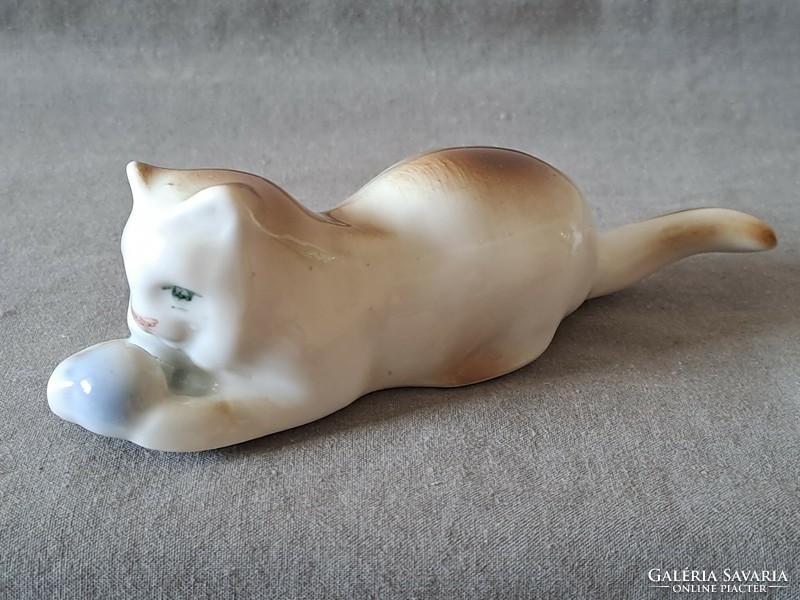Rarer! Zsolnay porcelain figurine of a cat playing with a blue ball