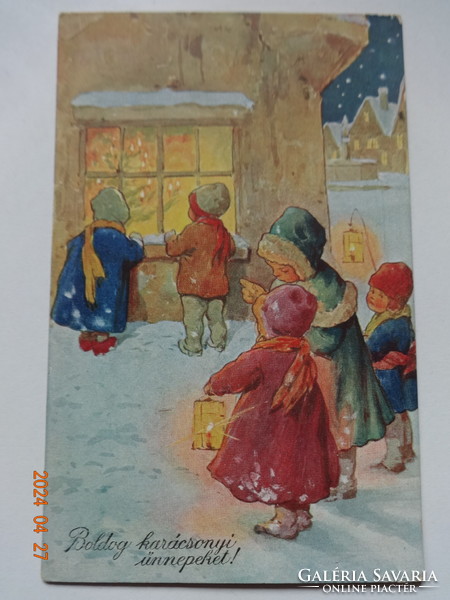 Régi, antik grafikus karácsonyi üdvözlő képeslap (1928)