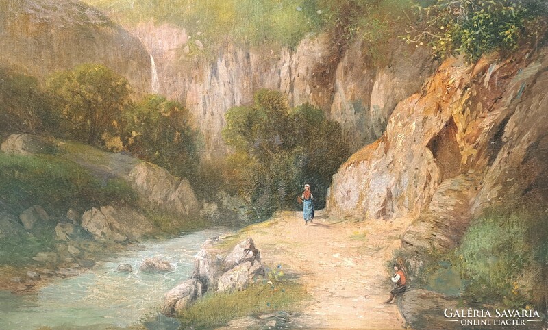 Old landscape, oil painting on canvas - mountain landscape with stream