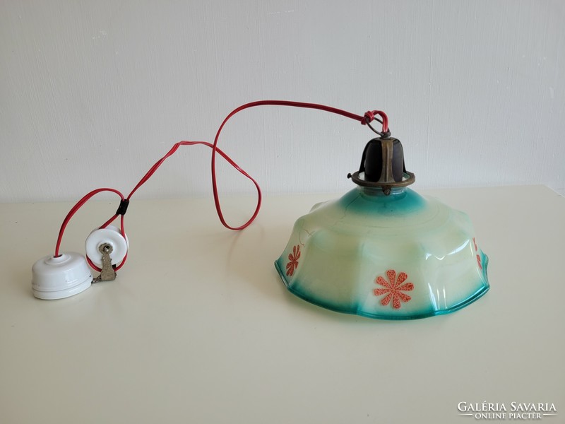 Régi üveg lámpabúrás állítható lelógású porcelán csigás vintage népi mennyezeti lámpa csillár