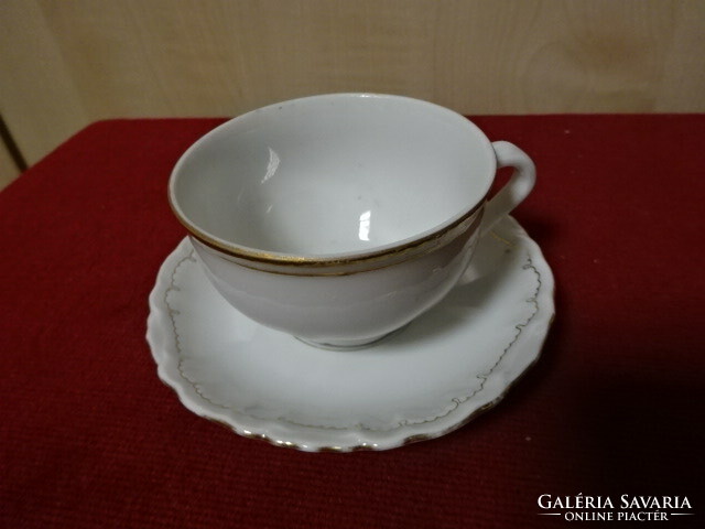 Csehszlovák porcelán kávéscsésze + alátét, hófehér - arany szegélyes. Jókai.