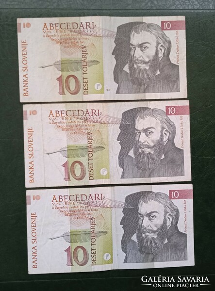 10 szlovén tolár bankjegy 3 db – 1992 bevont forgalmi pénz forgalmi bankjegy