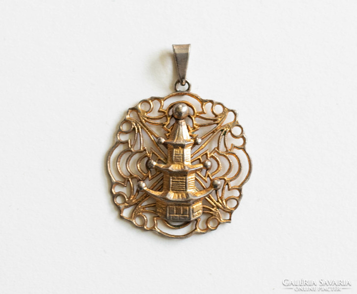 Vintage pendant in art deco chinoiserie style with pagoda - necklace