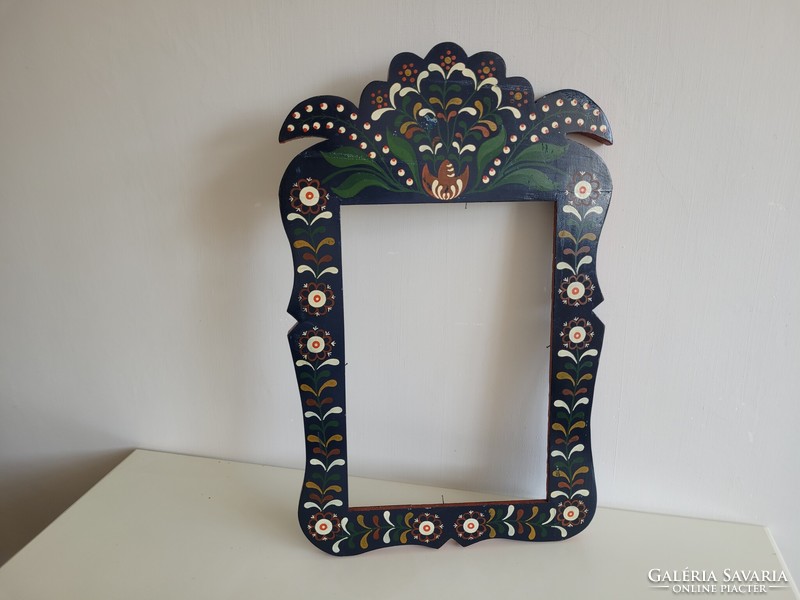 Old vintage 69.5 cm painted flower pattern large wall wooden mirror frame folk furniture