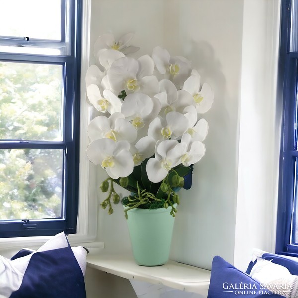 Kétszálas élethű fehér orchidea kaspóban OR201FH