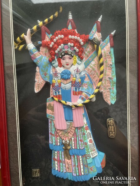 Beautiful convex hand-painted Chinese opera singer figure in a wall-hanging frame,
