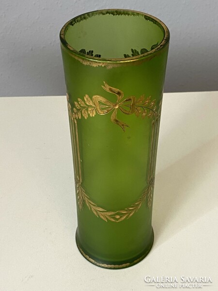 Antique green cylindrical glass vase with gold painted bow