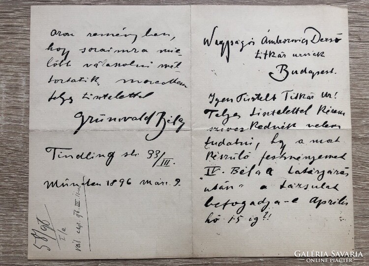 Original handwritten and signed letter of painter Béla Iványi Grünwald to Dezsó Ambrozovich