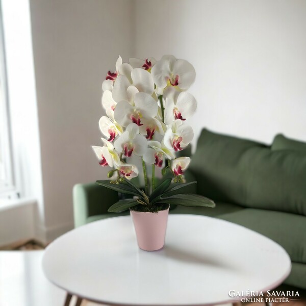Kétszálas élethű fehér, pink orchidea kaspóban OR210FHPK