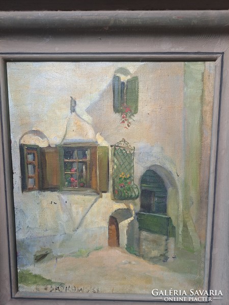 E. Sadkowski oil painting in frame (bright street scene) Polish painter, first half of the 20th century