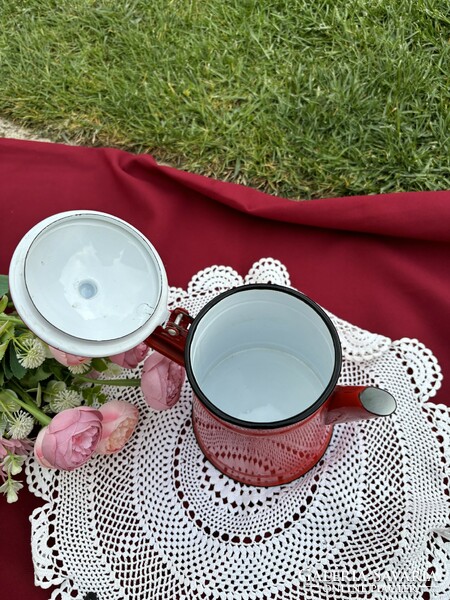Zománcos zomàncozott Gyönyörű  18 cm magas piros kisebb teáskanna teafőző kávéskanna falusi paraszti