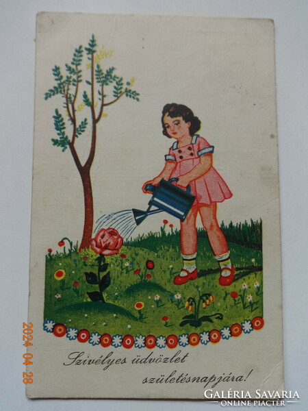 Régi grafikus születésnapi üdvözlő képeslap - virágot locsoló kislány  (1947)