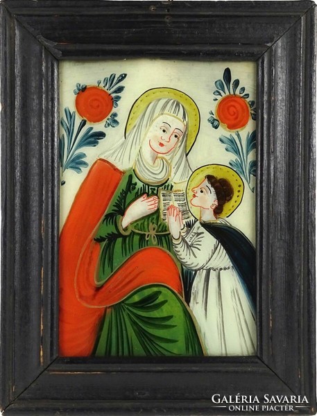 1O685 Antik üveg ikon Mária és Jézus 25 x 19 cm