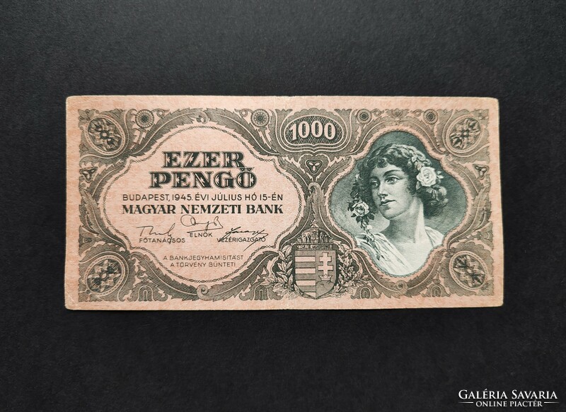 1000 Pengő 1945, VF+, bélyegzés nélkül