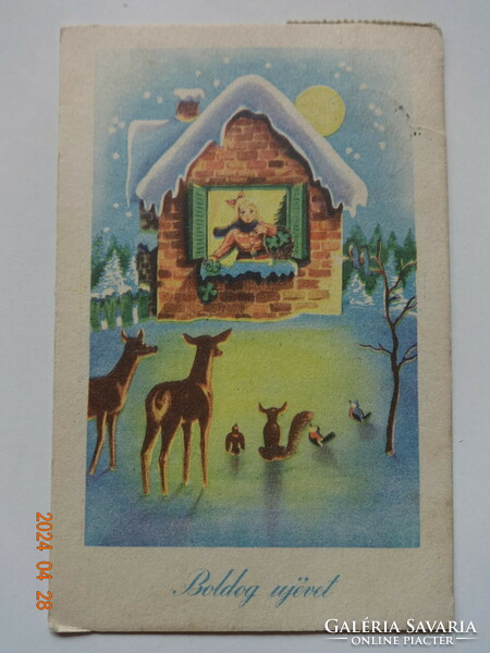 Old graphic New Year greeting card - snowy house, fawn blue (1948)