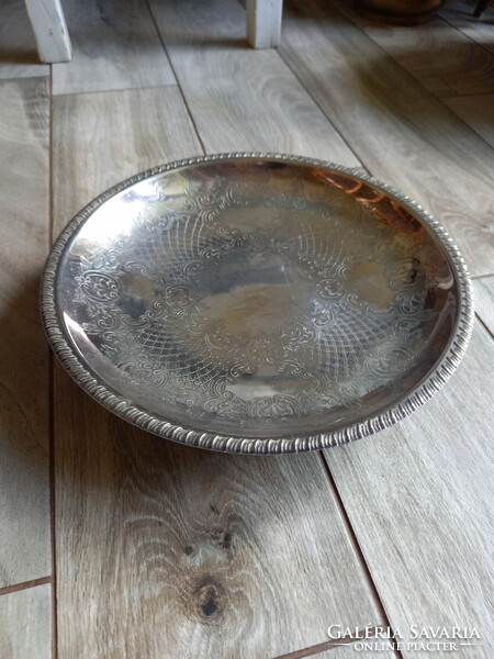 Pompás régi ezüstözött acél kínáló tál/asztalközép (27,2x5,6 cm)
