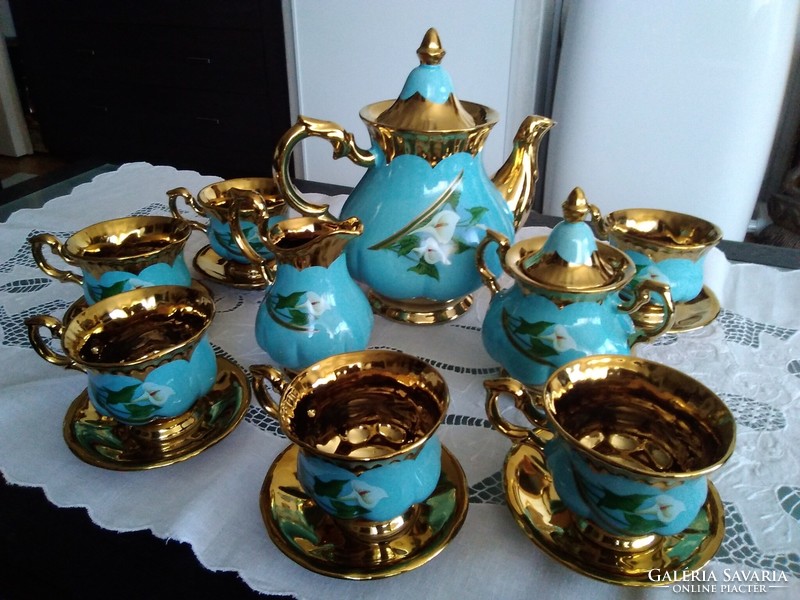 Extremely spectacular porcelain blue - gold tea-cappuccino set, with a beautiful calla pattern!