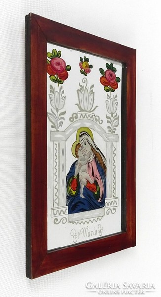 1O658 Mária gyermekével antik festett keretezett tükörkép 32 x 23 cm