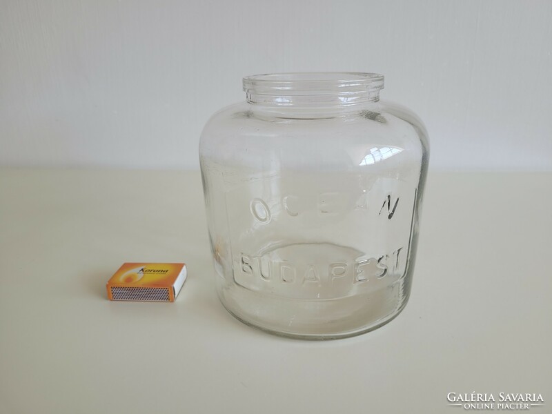 Régi 2,5 literes Óceán Budapest nagy méretű vintage ruszlis konzerv üveg 17.5 cm