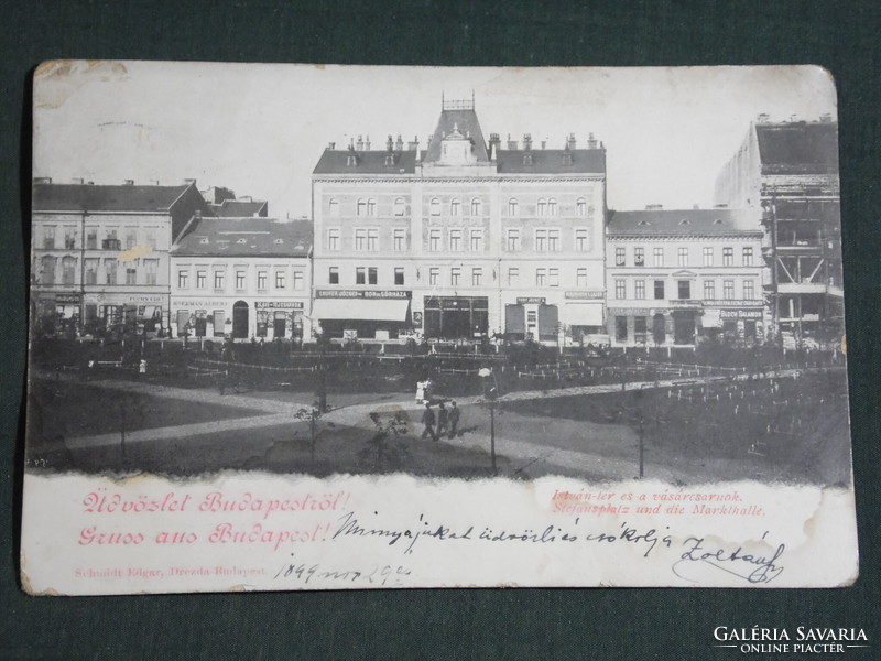 Postcard, Budapest, view of István Square and the market hall, detail, Schmidt Edgar publishing house, 1899