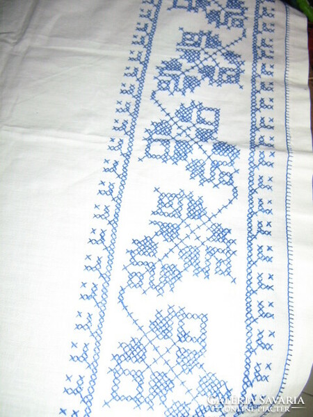 Beautiful antique hand embroidered blue leaf tablecloth