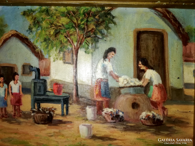 Béla Harvester oil-on-wood painting of a 