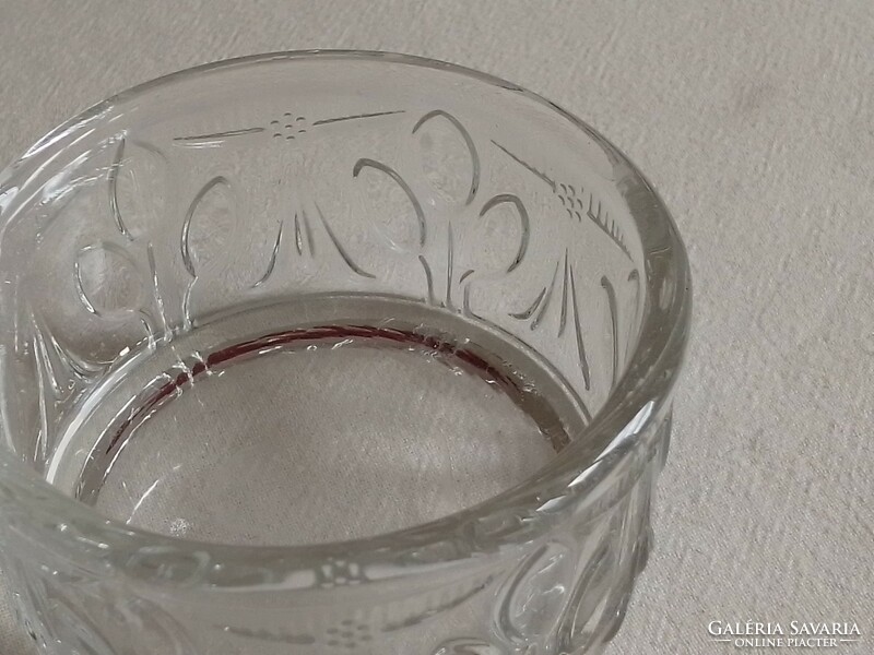 Molded glass offering bowl, jam, honey, candle holder, leaf pattern on the side