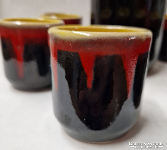 Marked applied art orange-black glazed ceramic pourer with six glasses in perfect condition
