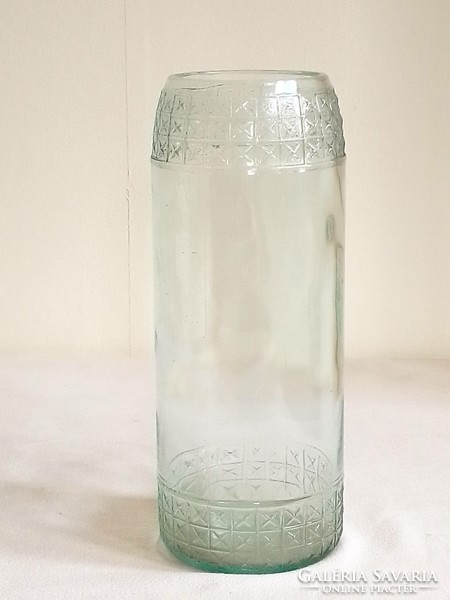 Old cast glass vase, water green, with a geometric pattern, 19 cm