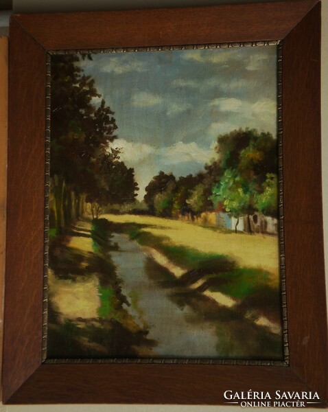 Unknown painter (first half of the 20th century): houses on the bank of the stream