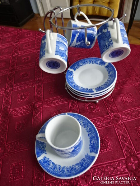 Czechoslovakian porcelain coffee cup + saucer four pieces, kept on a stand. He has!