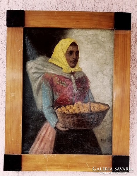 Market vendor with bat and fruit basket, framed oil on canvas painting. There with Zoltan Signo