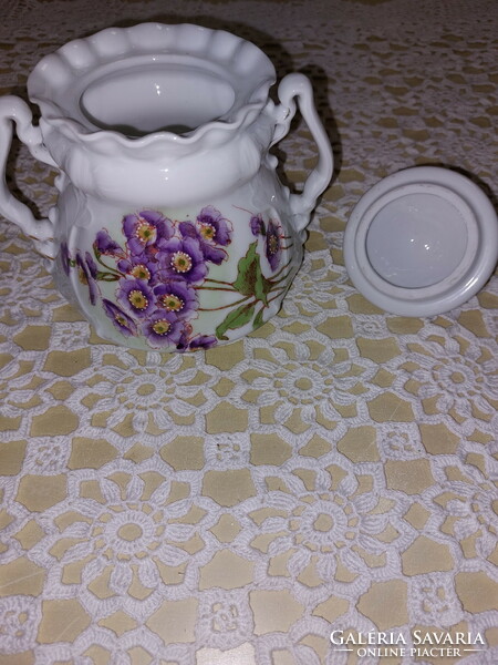 Victoria Austria, régi gyönyörű lila virágos porcelán, nagy méretű bonbonier, keksztartó, cukortartó