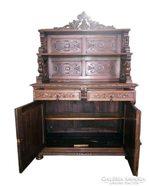 A821 antique, freshly renovated, richly carved renaissance style glass chair, sideboard