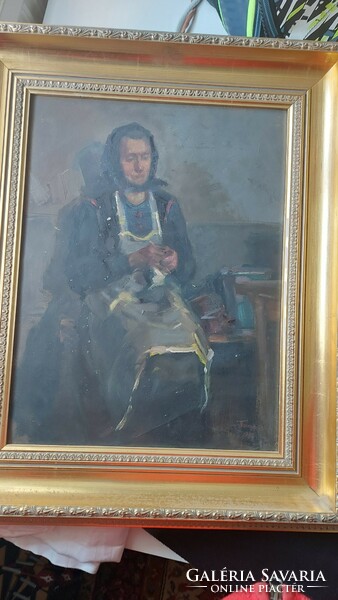 Painting by János Tornyai (1869-1936) entitled Woman knitting, oil on cardboard