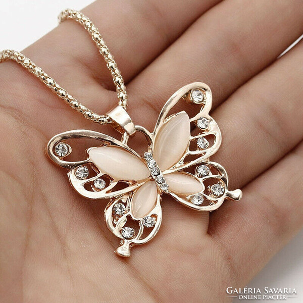 Nym38 - opal stone rose gold color butterfly pendant with necklace 40x30mm