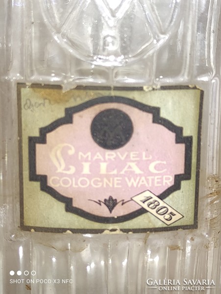 Nagy méretű jelzett MARVEL LILAC Cologne Water  és papír címkés Cypre Cologne antik parfümös üveg