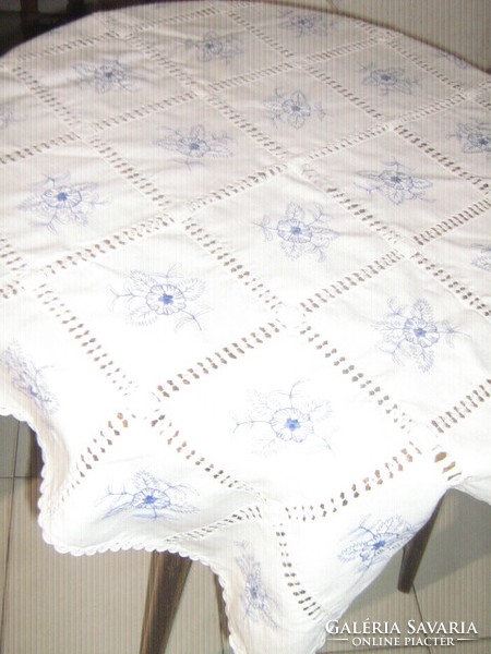 Wonderful azure machine embroidered blue floral tablecloth
