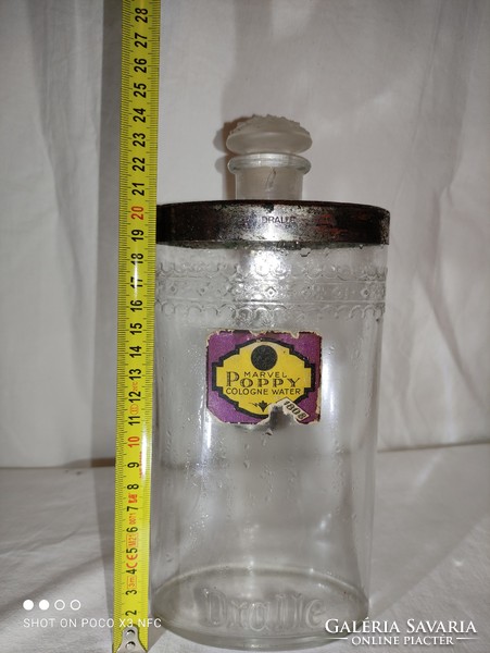 Nagy méretű jelzett MARVEL POPPY Cologne Water antik parfümös üveg dugóval fém mérőedénnyel