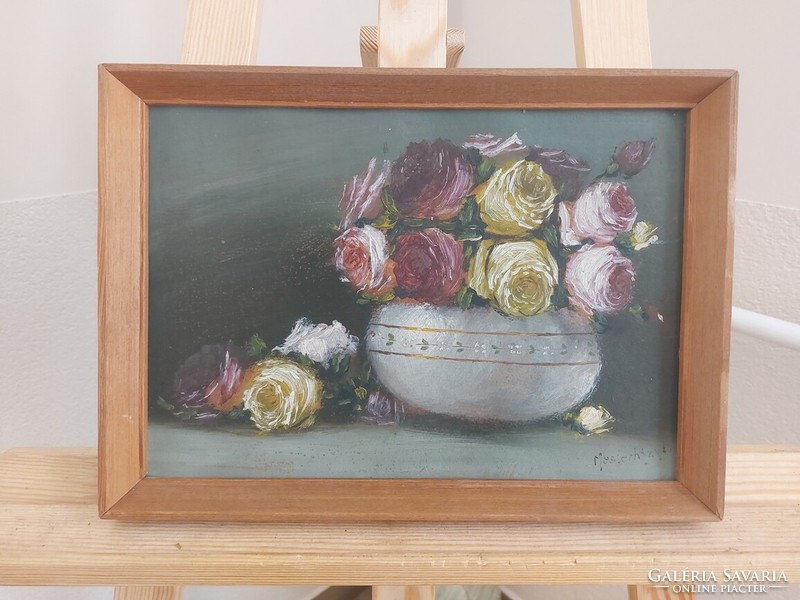 (K) Mesterházy Dénes szép kis virágcsendélet festménye 35x25 cm kerettel