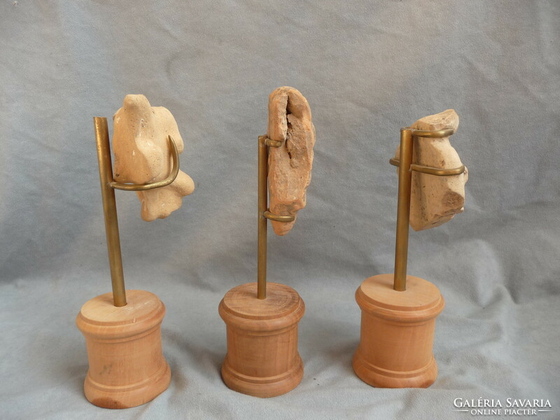 3 pieces of antique tile sculpture pre-Columbian terracotta sculpture fragments on a new display stand