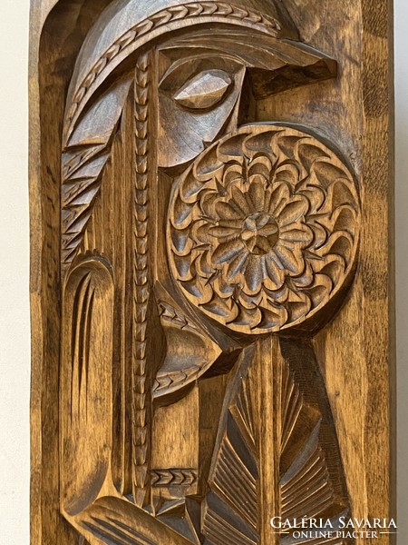 Girl with sunflower flower retro carved wall picture 47 x 15 cm