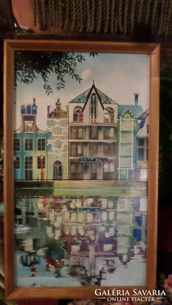 61 x 36 cm-es farost lemezre festett  , vízben tükröződő házsor / festmény .