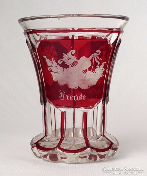 1Q778 antique crimson stained Biedermeier stemmed glass 11 cm