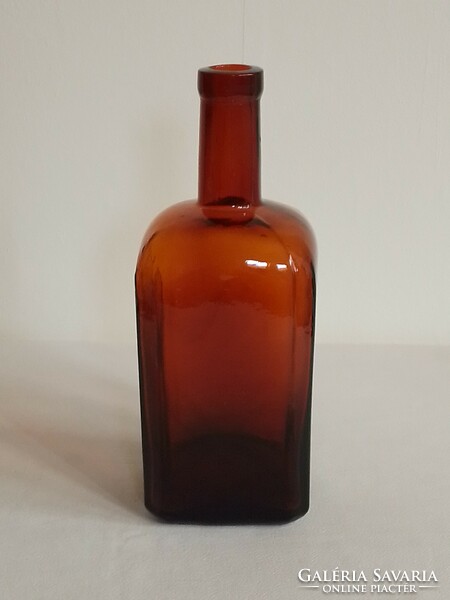Antik régi borostyán barna szögletes likőrös vagy gyógyszeres patika üveg palack hibátlan 19 cm
