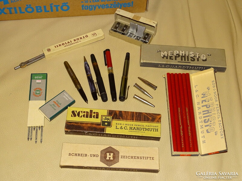 Antique stationery store package old pen pencil sharpener compass etc.
