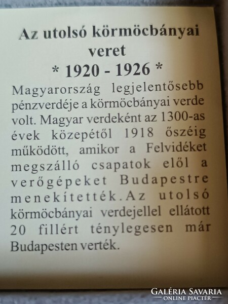 A magyar nemzet pénzérméi Az utolsó körmöcbányai veret 1920-1926 .999ezüst