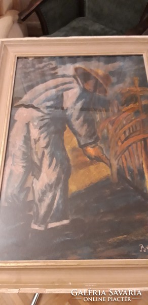 An oil painting of a man receiving a horseshoe sign