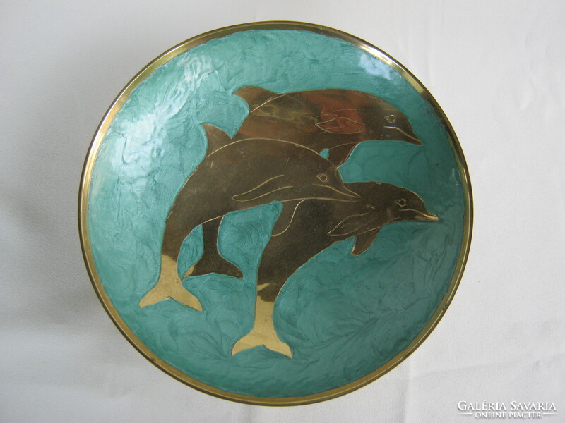 Fire-enamelled copper bowl centerpiece with dolphin fish pattern